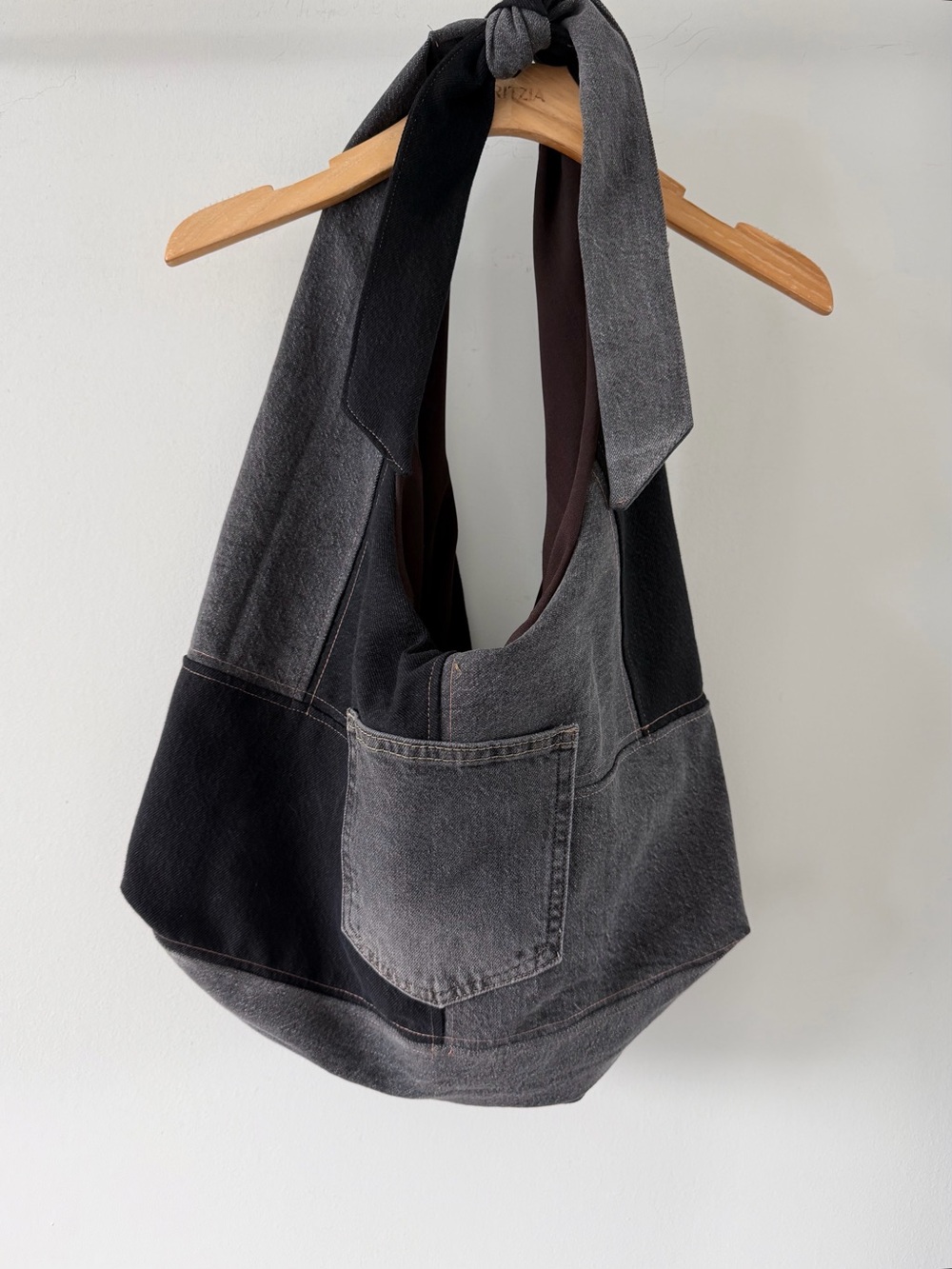 Handmade Upcycled Black Gray Patchwork Denim Hobo Shoulder Bag Adjustable Tie - Picture 6 of 7